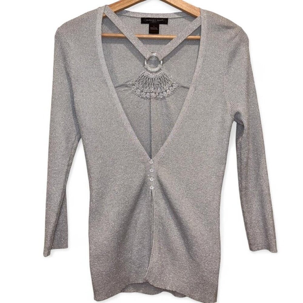 August‎ Silk Silver Metallic Shimmer Deep V-Neck Y2K Top Large